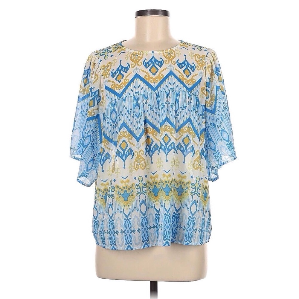 🍋 Flying Tomato • Women’s Boho Blue/Yellow Geometric Print Top Blouse Size S